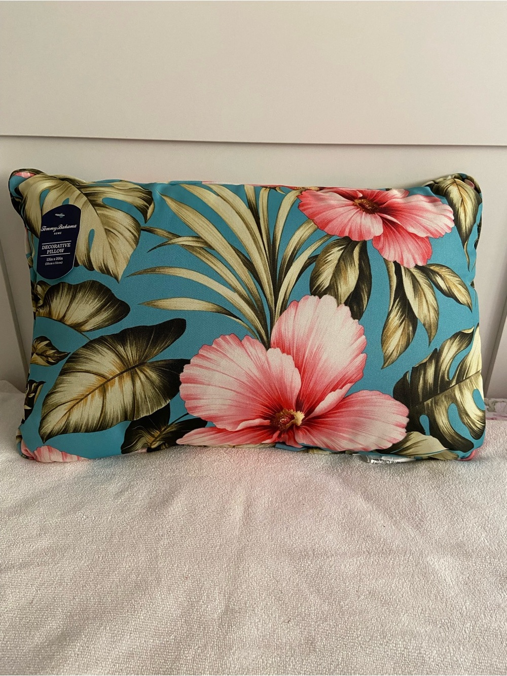 Expressions Teal Floral Decorative Pillow with Pink Hibiscus
